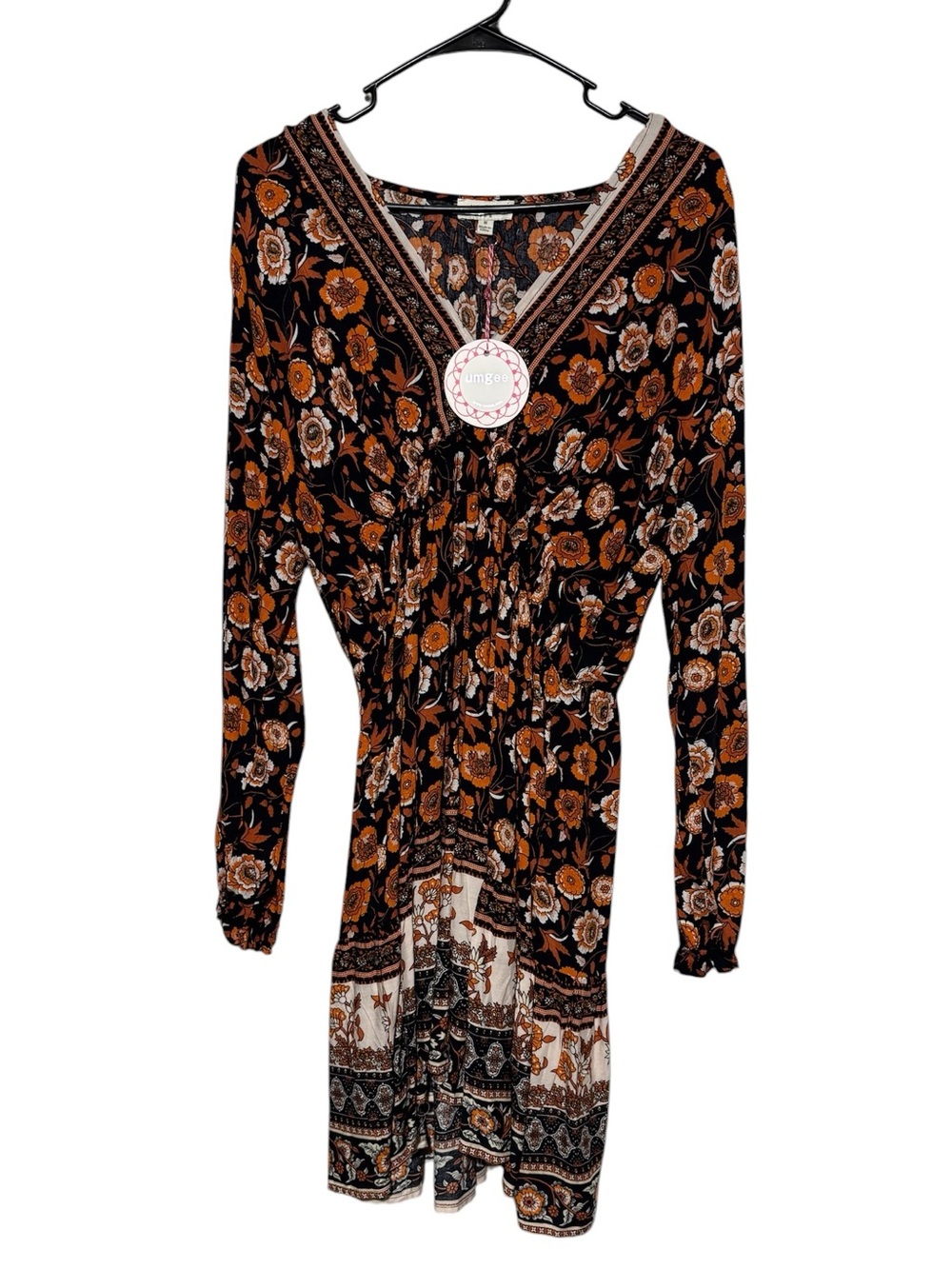 Umgee NWT Fall Floral Tunic Dress Size Medium Boho Long Sleeve Orange Black